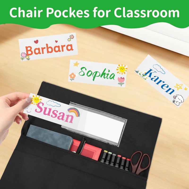 NURATIT 12 PCS Chair Pockets for Classroom, 20 x 17 Inch Extra Large Seat Sacks with Name Tags, Heavy-Duty Oxford Fabric Chair Organizers for School, Home, Office – Black - Image 3